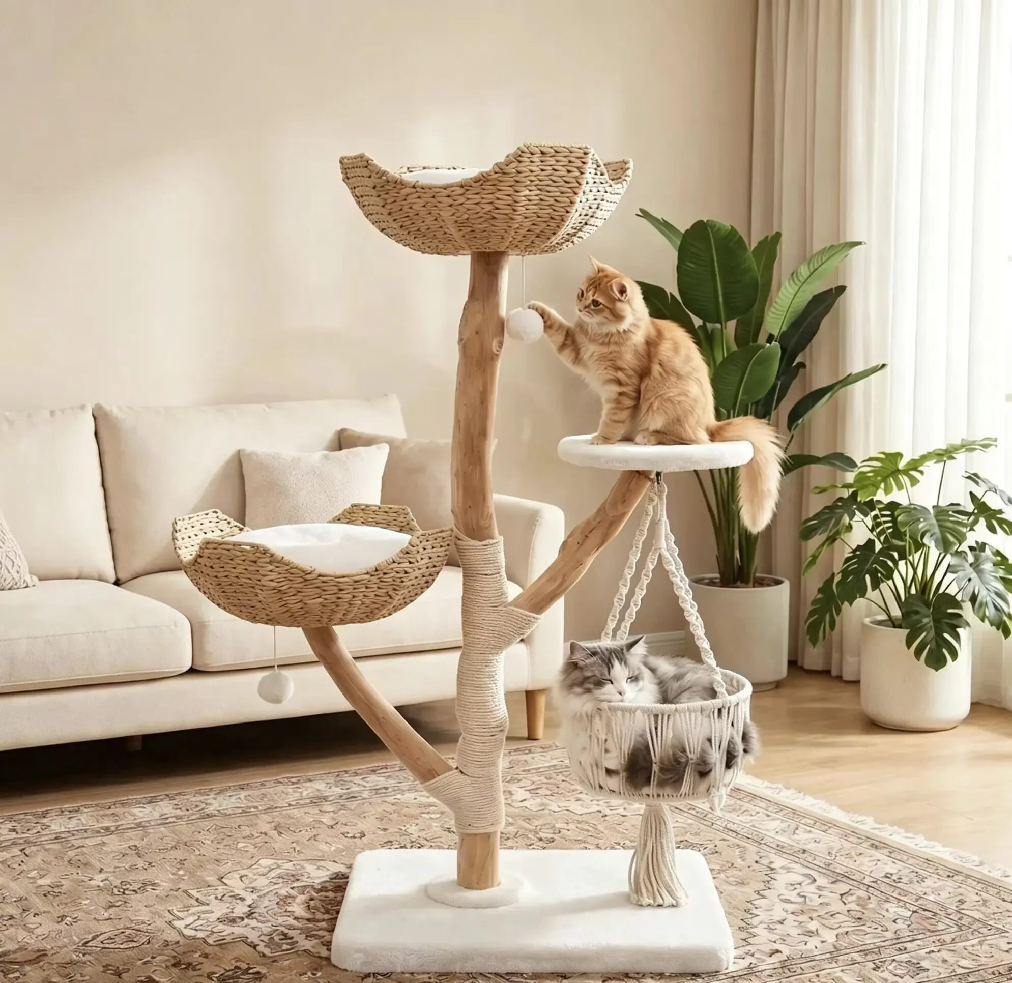 Modern Cat Tree Tower with Real Wood Branches and Wicker Basket Bed, Solid Wood Cat Climbing Furniture with Scratching Posts and 3 Hanging Balls for Indoor Cats