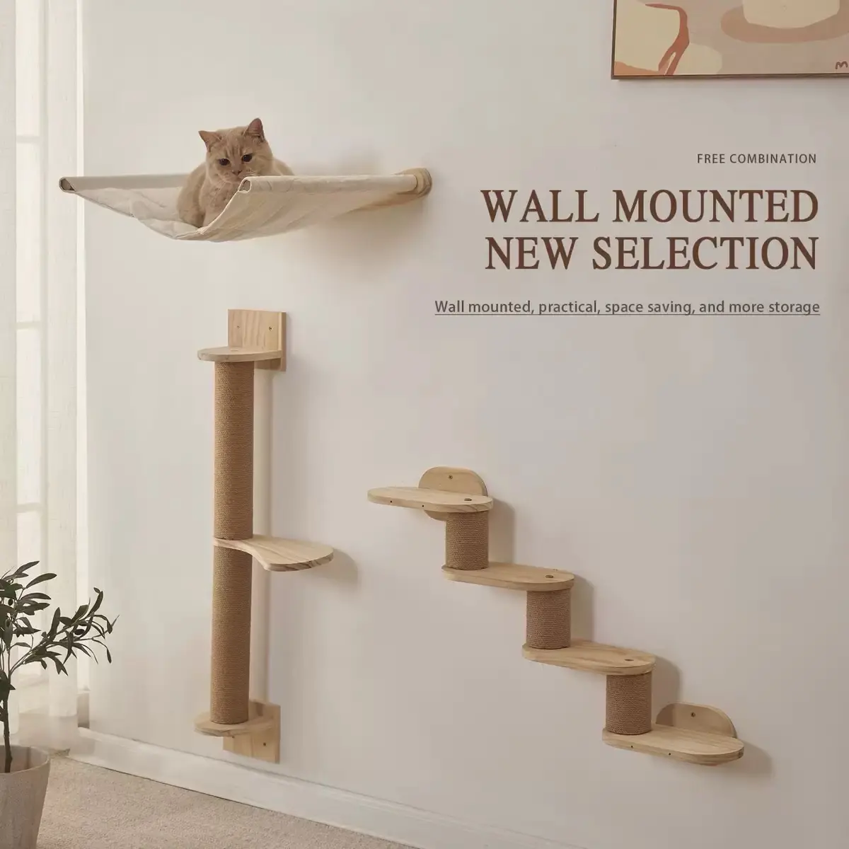 Wall Mounted Wooden Cat Tree, Hanging Cat Perch Stairs,Scratching Board Set